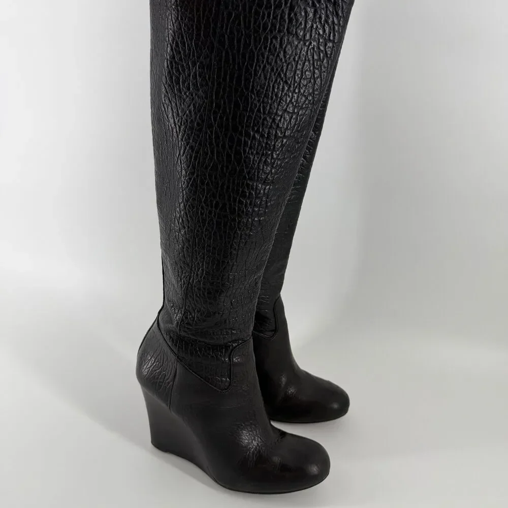 Tory Burch Dabney Knee High Wedge Boots Women’s 7.5 Black Pebbled Leather Zip Up